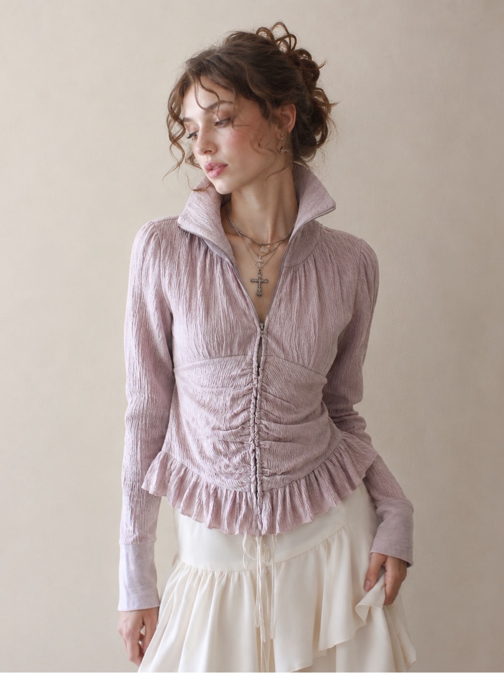 VTG Anthropologie Eloise Woman Ruche Corset Peplum Ruffle Sweater LARGE Romantic